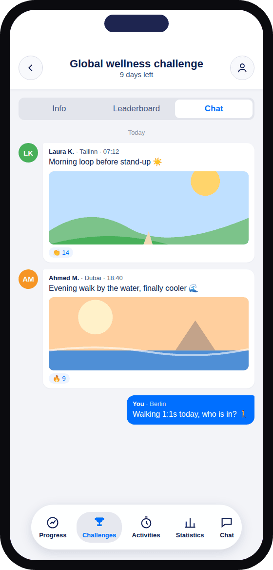 YuMuuv app: challenge chat with photos from colleagues in different cities