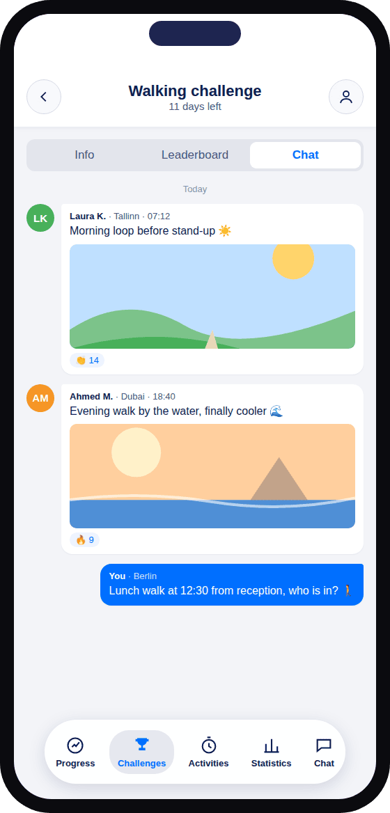 YuMuuv app: walking challenge chat with photos from colleagues’ walks