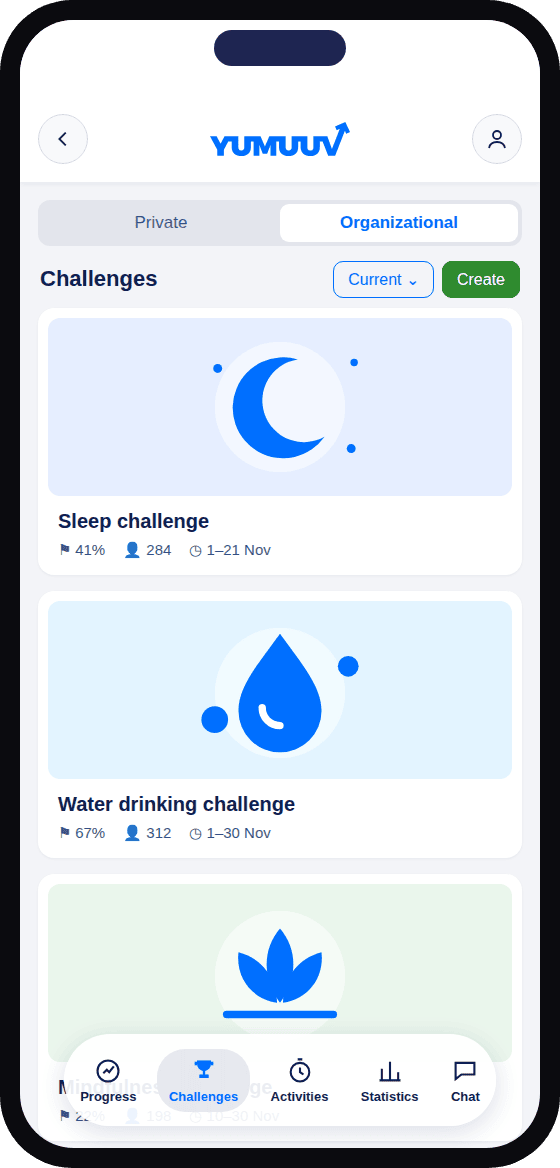YuMuuv app: sleep, water drinking and mindfulness challenges