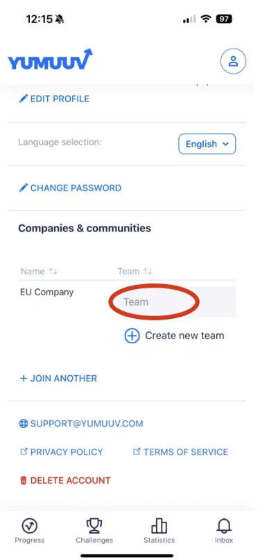Choose a team under Your details