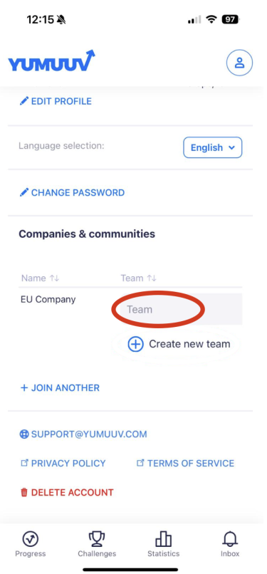 Choose a team under Your details