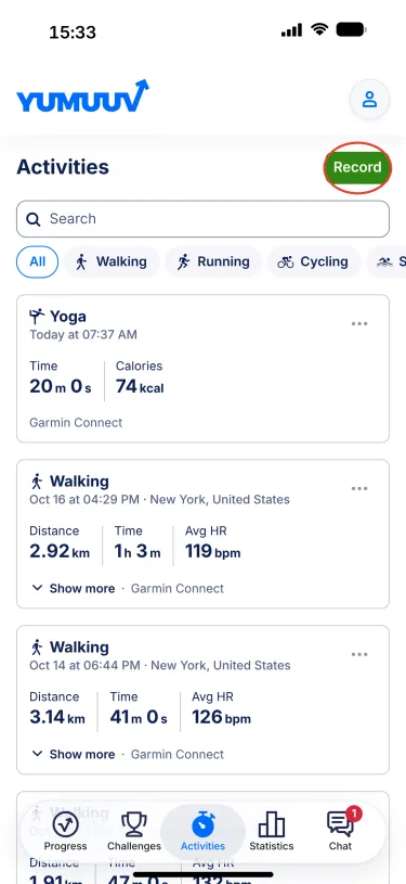 YuMuuv app – Activities tab with the Record button