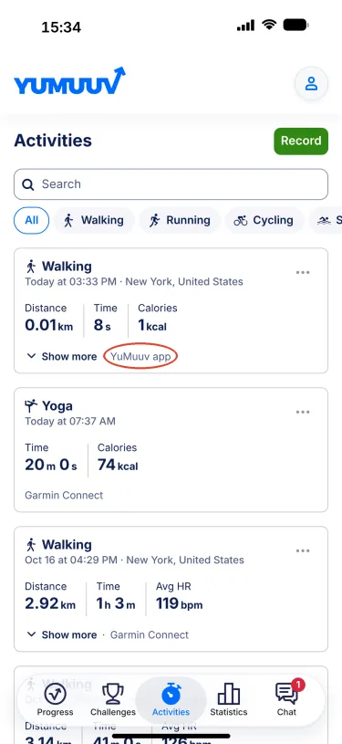 YuMuuv app – Saved workout in the Activities list