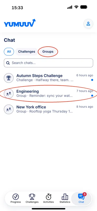 YuMuuv app – Chat tab with challenge and group chats