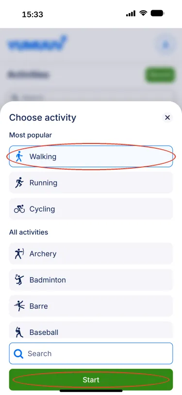 YuMuuv app – Choose activity screen