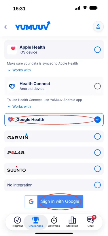 YuMuuv app – Choose integration with Google Health selected and Sign in with Google