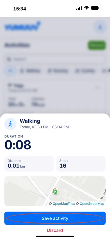 YuMuuv app – Workout summary with Save and Discard