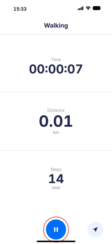 YuMuuv app – Recording in progress: time, distance, steps