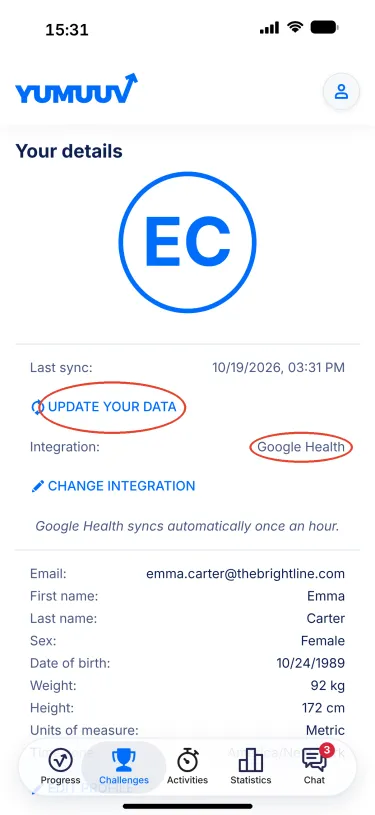 YuMuuv app – Your details showing Google Health as the integration