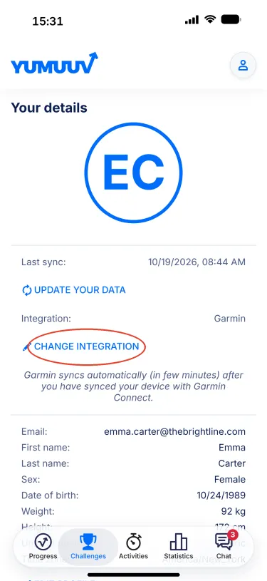 YuMuuv app – Your details with Change integration