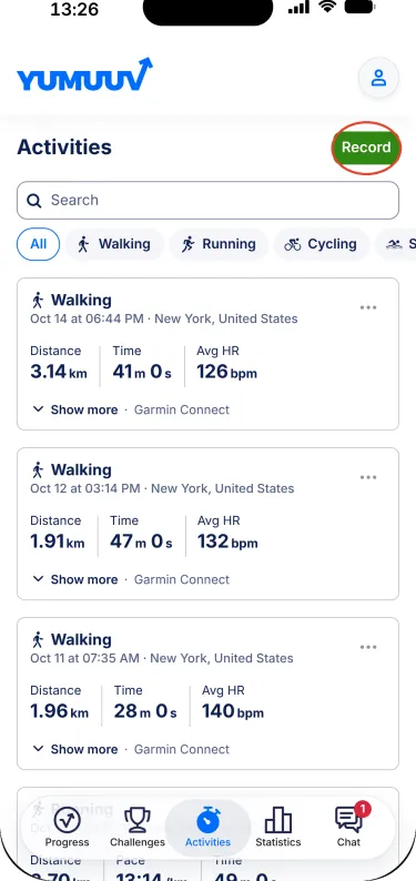 YuMuuv app – Activities tab with the Record button