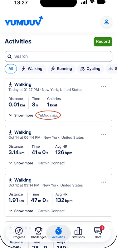 YuMuuv app – Saved workout in the Activities list