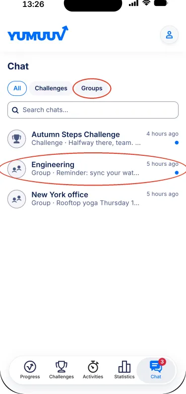 YuMuuv app – Chat tab with challenge and group chats
