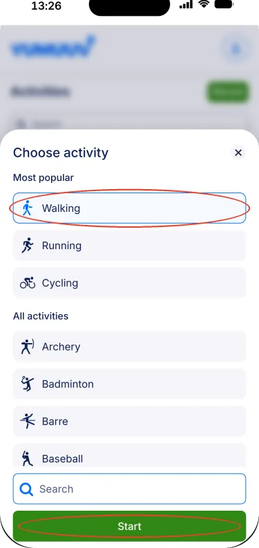 YuMuuv app – Choose activity screen