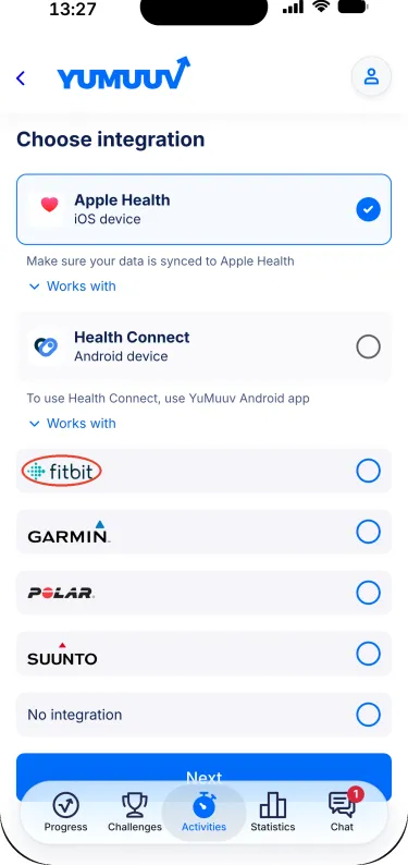 YuMuuv app – Choose integration screen