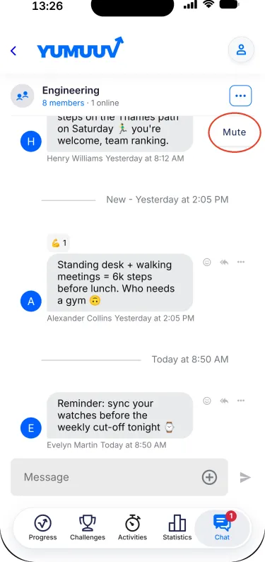 YuMuuv app – Mute option in a group chat