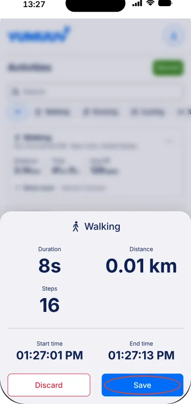 YuMuuv app – Workout summary with Save and Discard