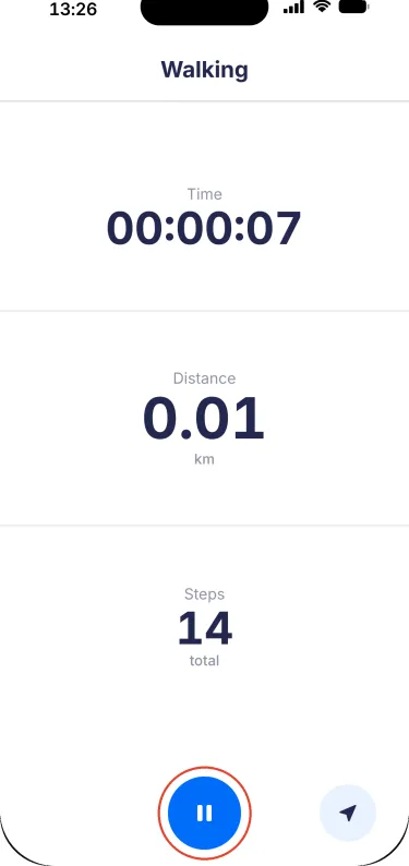 YuMuuv app – Recording in progress: time, distance, steps