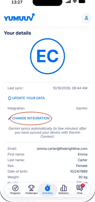 YuMuuv app – Your details with Change integration