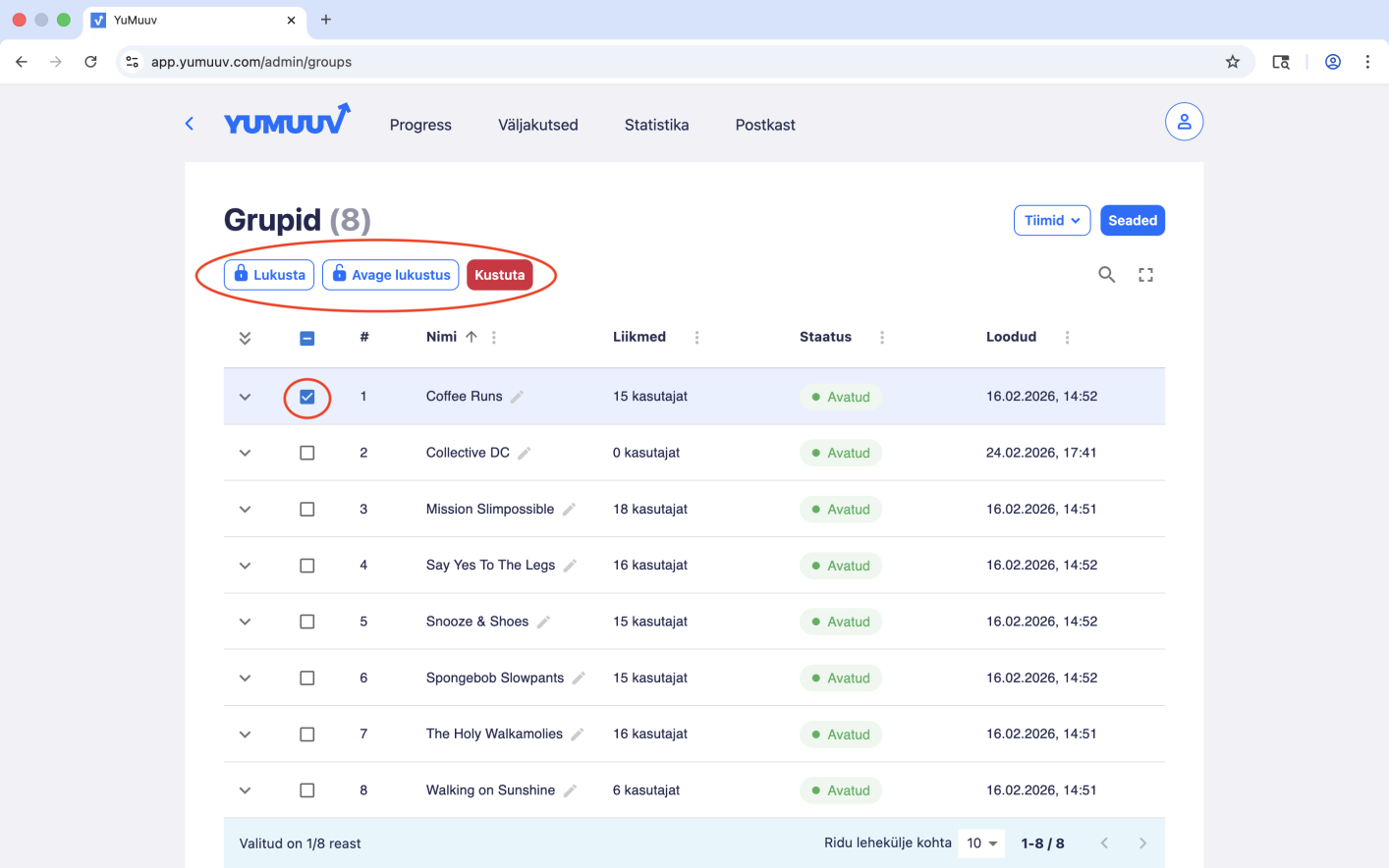 kustutamine/lukustamine/lukust avamine